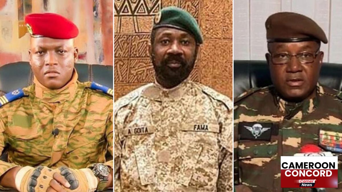 Watermarked Cameroon Concord image showing leaders of Burkina Faso, Mali and Niger after declaring their withdrawal from the ICC, a landmark act of sovereignty and defiance against neo-colonial justice.